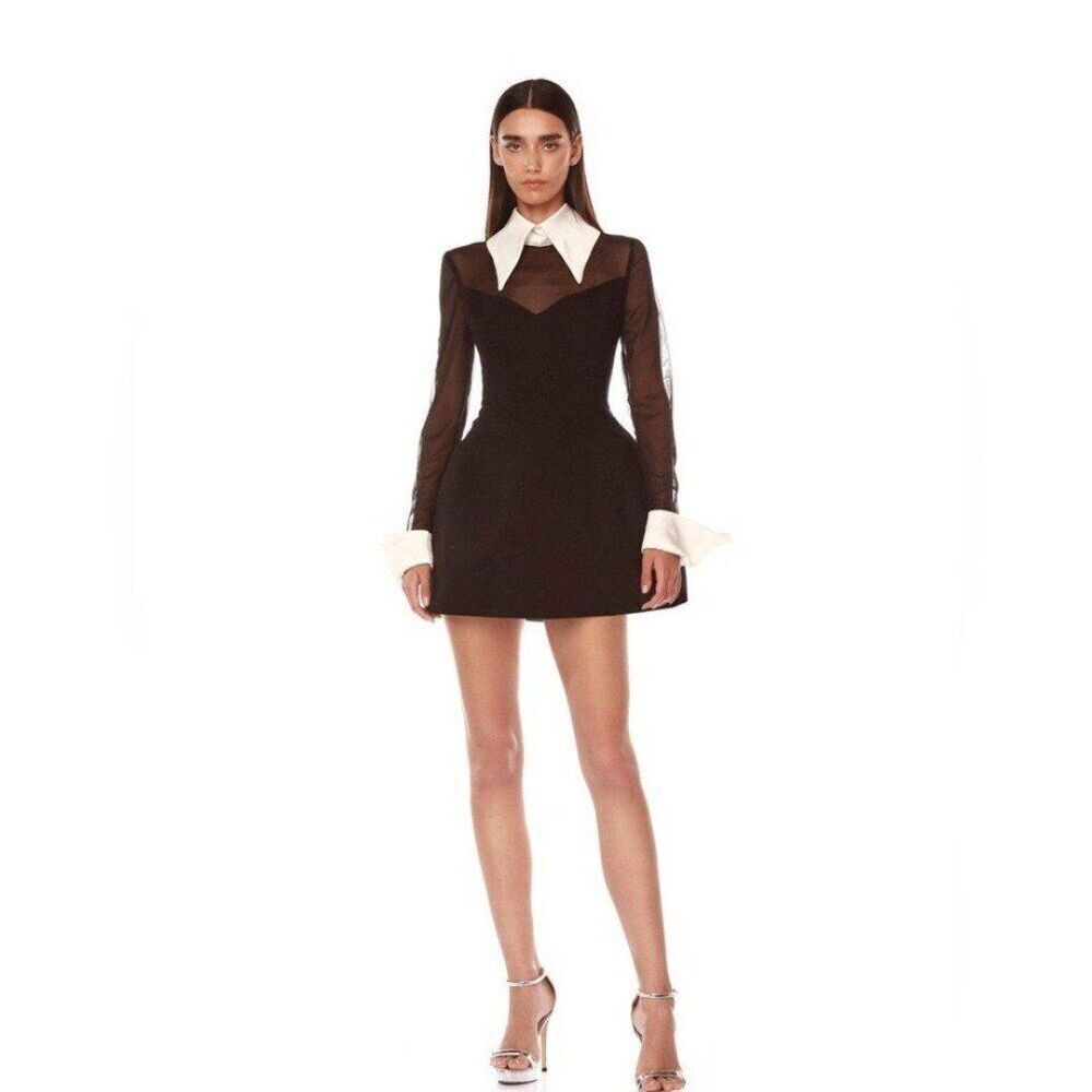 New Bronx and Banco Wednesday Long-Sleeve White Collar Mini Evening dress, L